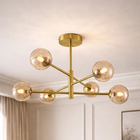 Moderné stropné svietidlo mosadzné s jantárovým sklom 6-svetiel - Ryan