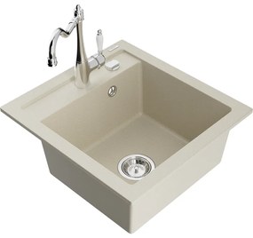Mexen Vito, granitový drez 490x520x210 mm, 1-komorový a drezová batéria Carla, béžová, 6503-69-670700-00