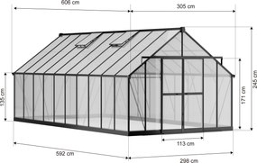 Skleník 245 x 305 x 606 cm, zosilnená konštrukcia, polykarbonát 6 mm