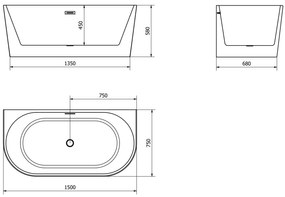 Mexen Oval, voľne stojaca nástenná vaňa 150 x 75 cm, biela-čierna, brúsený grafit prepad, 52671507575-95