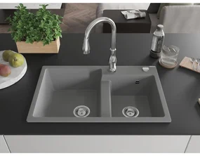 Mexen Tomas, granitový drez 800x500x190 mm, 2-komorový a drezová batéria Savita, šedá, 6516-71-672601-00