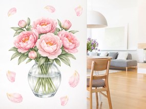 Pivonky vo váze textilní prelepiteľná samolepiaca dekorácia na stenu hárok 40 x 46 cm