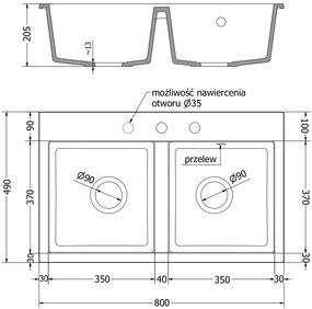 Mexen Hektor, 2-komorový granitový drez 800x480x205 mm, čierna škvrnitá, zlatý sifón, 6521802000-76-G