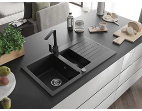 Mexen Matias, granitový drez 900x505x200 mm, 1,5-komorový a čierna batéria Rita, čierna-strieborná metalíza, 6502-73-670300-70