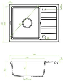 Laveo Stella, 1-komorový granitový drez 580x440x163 mm s krátkym odkvapávačom, čierna, LAV-SBY_713T