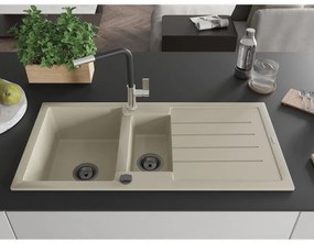 Mexen Andres, 1,5-komorový granitový drez 1000x500x200 mm a drezová batéria Flora, béžová, 6515-69-670401-07-B