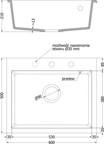 Mexen Elix granitový drez, 1-komorový, 600 x 500 mm, biely, zlatý sifón - 6525601005-20-G