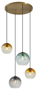 Závesná lampa bronzová s dymovým jantárovým a zeleným sklom okrúhla 4-svetlá - Bao
