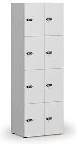 Drevená šatníková skrinka s úložnými boxmi, 8 boxov, mechanický kódový zámok, sivá/biela