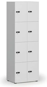 Drevená šatníková skrinka s úložnými boxmi, 8 boxov, mechanický kódový zámok, sivá/biela