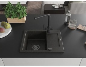 Mexen Enzo, granitový drez 576x465x174 mm, 1-komorový, čierna matná batéria Duero, čierna - zlatá metalíza, 6506-75-671600-70-B