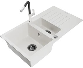 Mexen Matias, 1,5-komorový granitový drez 900x505x200 mm a drezová batéria Flora, biela, 6502-20-670401-07-B