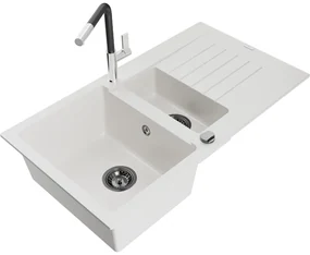 Mexen Matias, 1,5-komorový granitový drez 900x505x200 mm a drezová batéria Flora, biela, 6502-20-670401-07-B