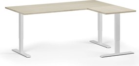 Výškovo nastaviteľný stôl, 180x140 cm, 3 motory, L/P, biela podnož, dub prírodný