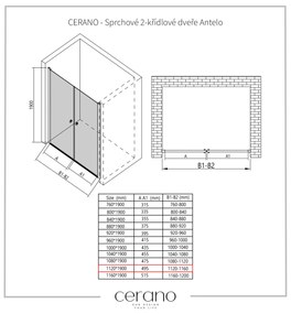 Cerano Antelo, 2-krídlové sprchové dvere 112x190 cm, 6mm číre sklo, čierny profil, CER-CER-432367