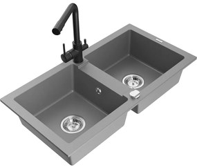 Mexen Mario, 2-komorový granitový drez 820x436x161 mm a čierna drezová batéria Duero, šedá, 6504-71-671600-70