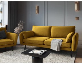 Žltá zamatová pohovka s čiernymi nohami Kooko Home Lento, 198 cm