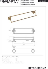 Bemeta Design RETRO bronz: Držiak uterákov, 600 mm, dvojitý - 144104237
