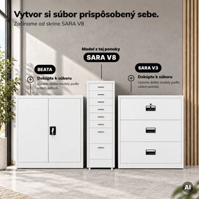 Kartotéková skrinka na kolieskach, kovová, 8 zásuviek, na dokumenty, biela, 300x1100x600 mm: SARA V8