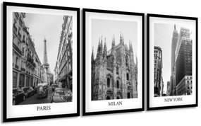 Gario Sada plagátov Paris, Milan, New York - 3 dielna Farba rámu: Rustikálna, Veľkosť: 135 x 63 cm