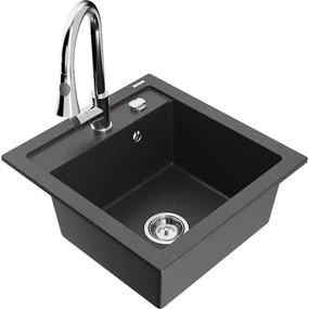 Mexen Vito, 1-komorový granitový drez 490x520x210 mm a drezová batéria Elia, čierna škvrnitá, 6503-76-670101-00