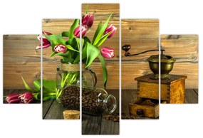 Obraz - tulipány, mlynček a káva (150x105 cm)