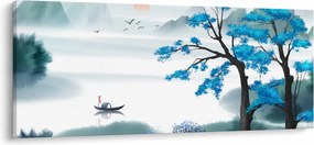 Obraz - Maľované jazero s loďkou (120x50 cm)