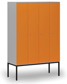 Drevená šatníková skrinka S4 s podnožou, 4 oddiely, 1871 x 1200 x 500 mm, demont, cylindrický zámok, sivá/oranžová