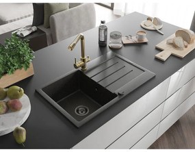 Mexen Bruno, 1-komorový granitový drez s odkvapkávačom 795x495x200 mm a zlatá batéria Duero, čierna-zlatá metalíza, 6513-75-671600-50-B