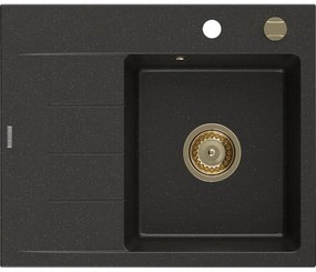 Mexen Ben, 1-komorový granitový drez 600x500x190 mm, pravý + zlatý sifón, čierna-zlatá metalíza, 6523605000-75-G