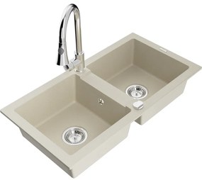 Mexen Mario, 2-komorový granitový drez 820x436x161 mm a drezová batéria Elia, béžová, 6504-69-670101-00