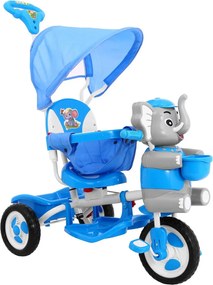 Ramiz Detský trojkolesový bicykel Elephant Modrá + zvuky + strieška + zábrana + opierka na nohy + rukoväť + úložný priestor