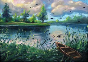 Obraz - Olejomaľba, Letný podvečer pri jazere (70x50 cm)