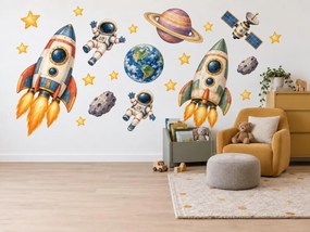Dve rakety a mávajúci kozmonauti akvarelové nálepky na stenu s raketami pre chlapcov aj dievčatá hárok 46 x 34 cm