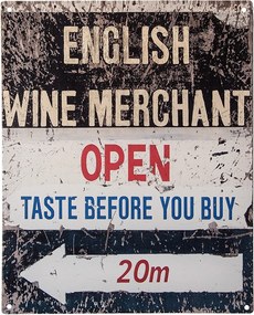 Čiernobiela antik nástenná kovová ceduľa English Wine Merchant - 20*1*25 cm