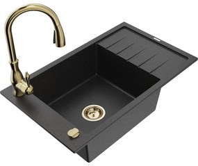 Mexen Elias, 1-komorový granitový drez 795x480x200 mm a drezová batéria Savita, čierna-strieborná metalíza, 6511-73-672601-50