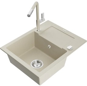 Mexen Enzo, 1-komorový granitový drez 576x465x174 mm a drezová batéria Flora, béžová, 6506-69-670401-09