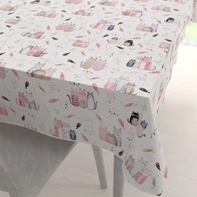 Biante Detský bavlnený obdĺžnikový obrus Sandra SA-654 Mačací svet ružovo-hnedý na bielom 100x140 cm