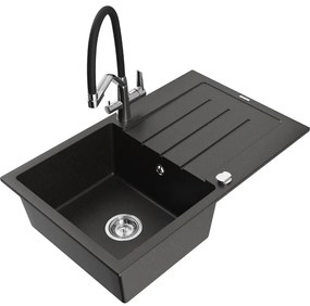 Mexen Bruno, 1-komorový granitový drez 795x495x200 mm a drezová batéria Duo, čierna-zlatá metalíza, 6513-75-671701-07