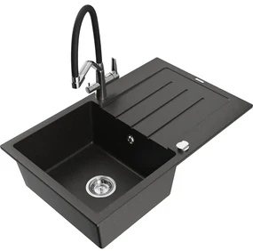 Mexen Bruno, 1-komorový granitový drez 795x495x200 mm a drezová batéria Duo, čierna-zlatá metalíza, 6513-75-671701-07