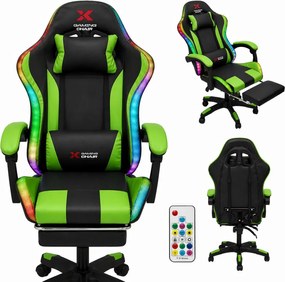 Herné LED kreslo Xgaming s podnožkou - čierno-zelené