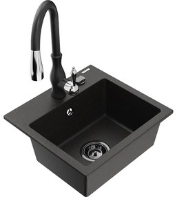 Mexen Milo, 1-komorový granitový drez 435x410x171 mm a drezová batéria Savita, čierna-zlatá metalíza, 6505-75-672601-70-B