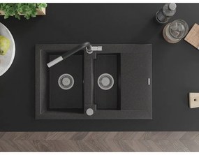 Mexen Gaspar, 1,5-komorový granitový drez 737x475x177 mm a drezová batéria Flora, čierna škvrnitá, 6507-76-670401-07