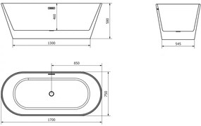 Mexen Flavia, voľne stojaca vaňa 170 x 75 cm, biela, čierny matný prepad, 54031708000-70