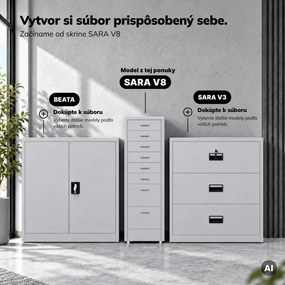 Kartotéková skrinka na kolieskach, kovová, 8 zásuviek, na dokumenty, sivá, 300x1100x600 mm: SARA V8