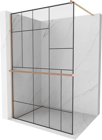 Mexen Kioto+, sprchová zástena Walk-In s poličkou a vešiakom 100 x 200 cm, 8mm číre sklo čierny vzor, medený matný profil, 800-100-121-65-78