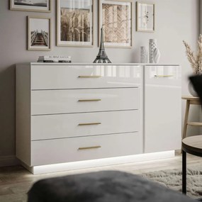 KOMODA MARION III BIELA VYSOKÝ LESK LED + ZLATÉ ÚCHYTKY