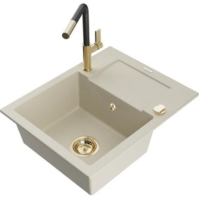 Mexen Enzo, 1-komorový granitový drez 576x465x174 mm a drezová batéria Flora, béžová, 6506-69-670401-57-G