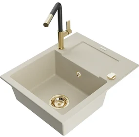 Mexen Enzo, 1-komorový granitový drez 576x465x174 mm a drezová batéria Flora, béžová, 6506-69-670401-57-G