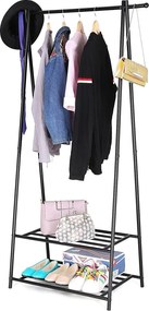 Kovový stojan na šaty s 2 policami na topánky, čierny